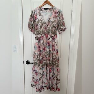 Arna York Floral Midi Dress | Pastel Cottagecore Boho Chic Ruffle Tiered V-Neck